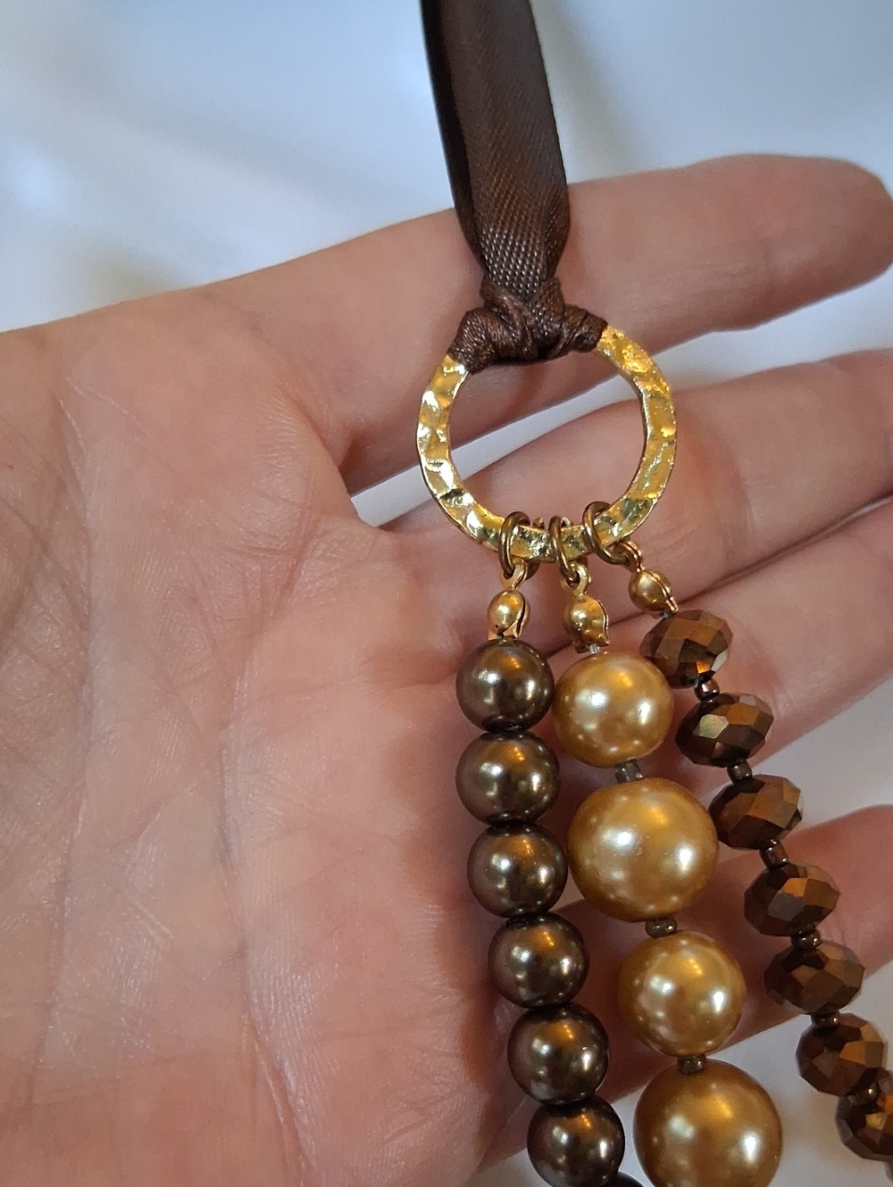 Women's Elegant Brown And Gold Faux Pearl Multi-Strand Statement Necklace - Picture 8 of 14